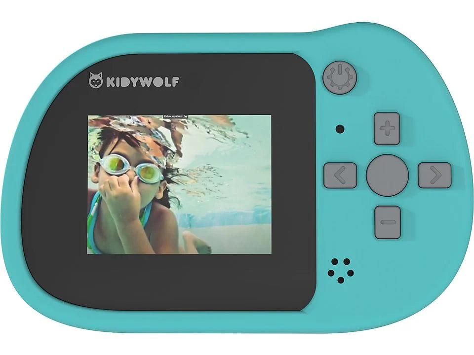 Kidywolf Kidycam cyaan, achterkant met scherm en bedieningsknoppen