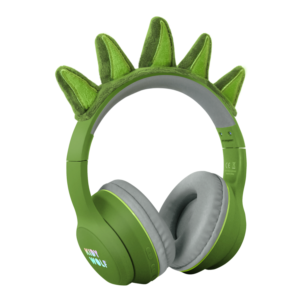 Kidywolf Kidyears bluetooth koptelefoon Dino groen, vooraanzicht met stekels