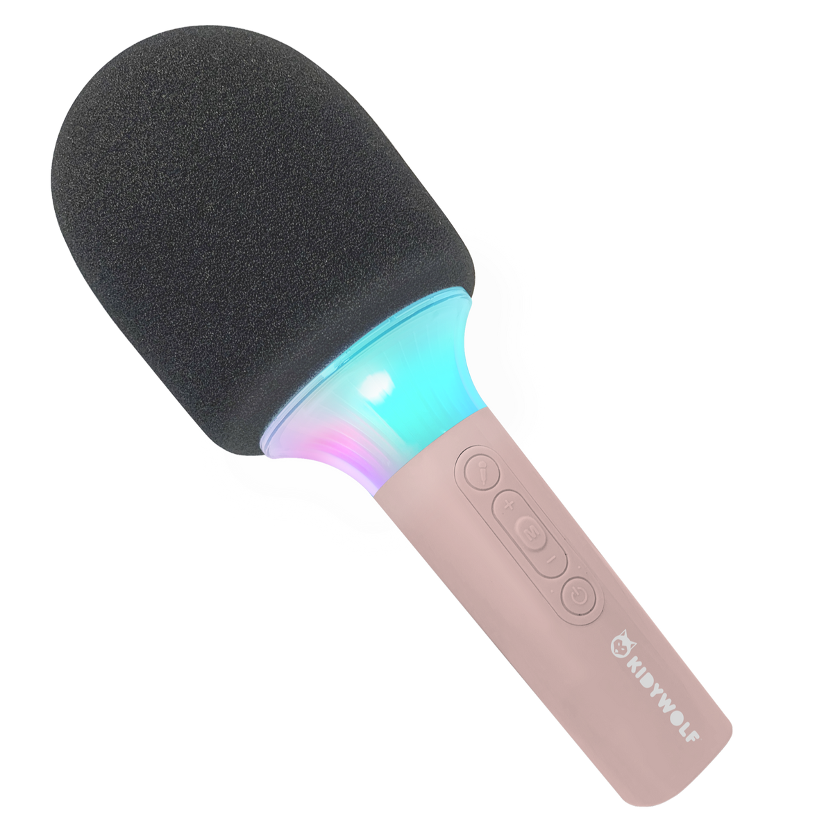 Kidywolf Kidymic karaokemicrofoon roze, schuin vooraanzicht met brandende LED