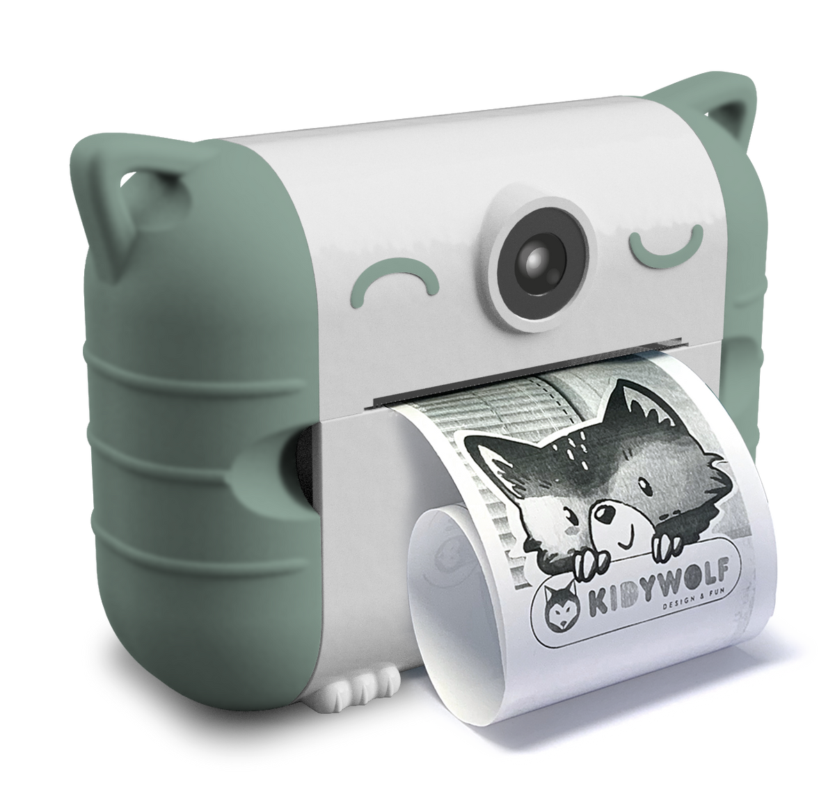 Kidywolf Kidyprint fotocamera met printer groen, vooraanzicht met uitgeprinte foto