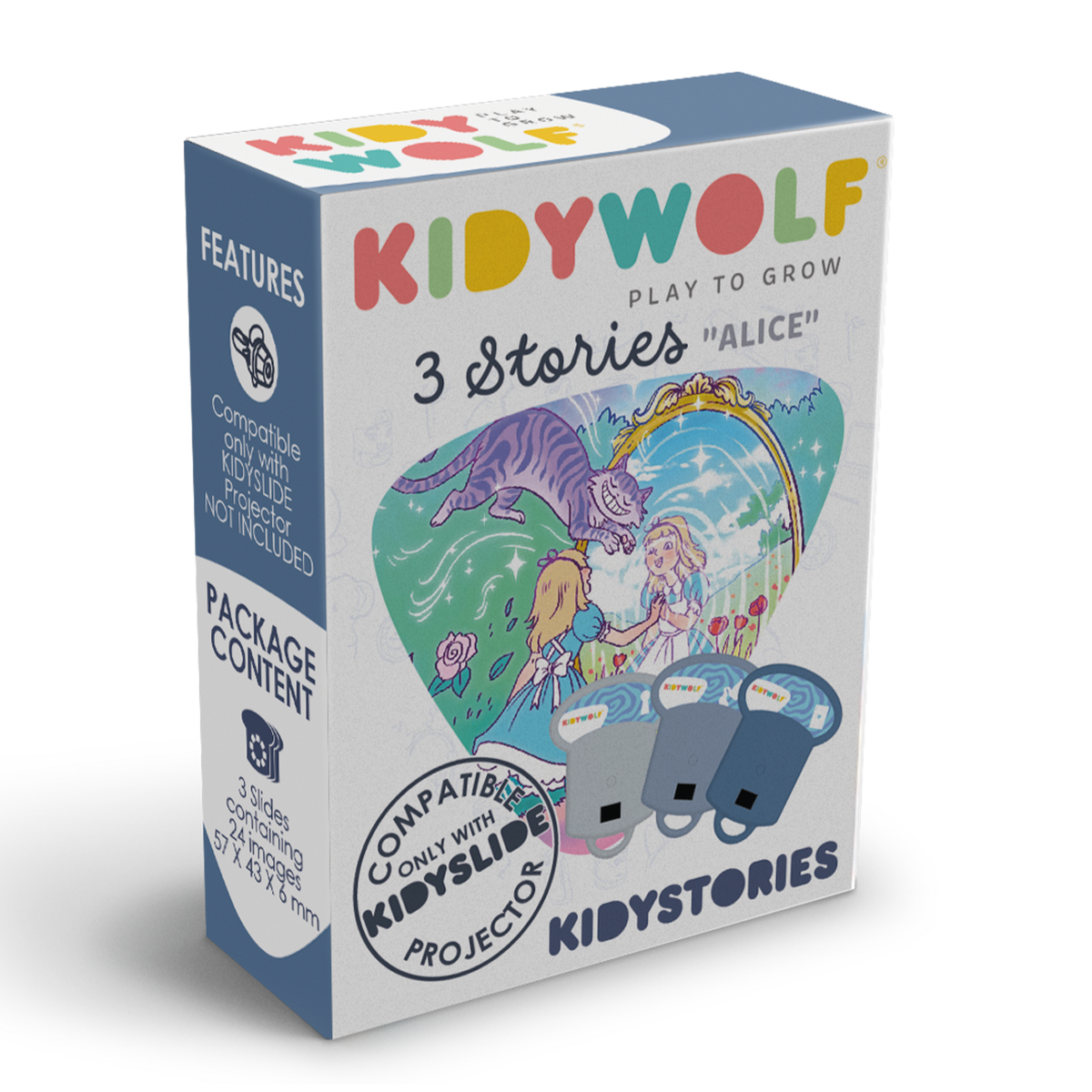 Kidywolf Kidystories Alice in Wonderland voor Kidyslide, verpakking met 3 verhalen