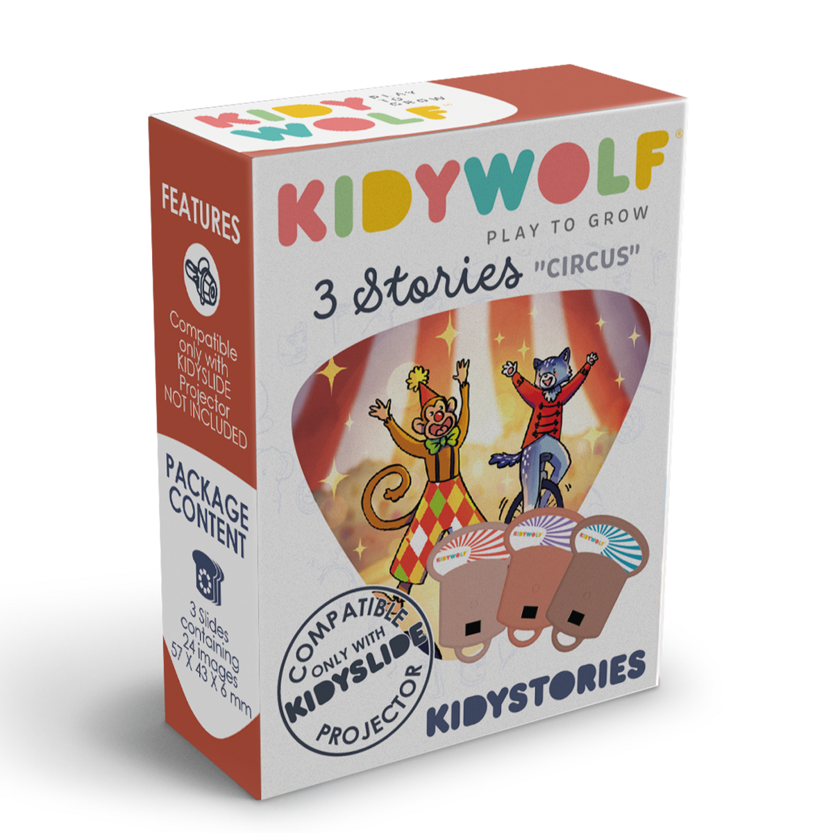 Kidywolf Kidystories Circus voor Kidyslide, verpakking met 3 verhalen