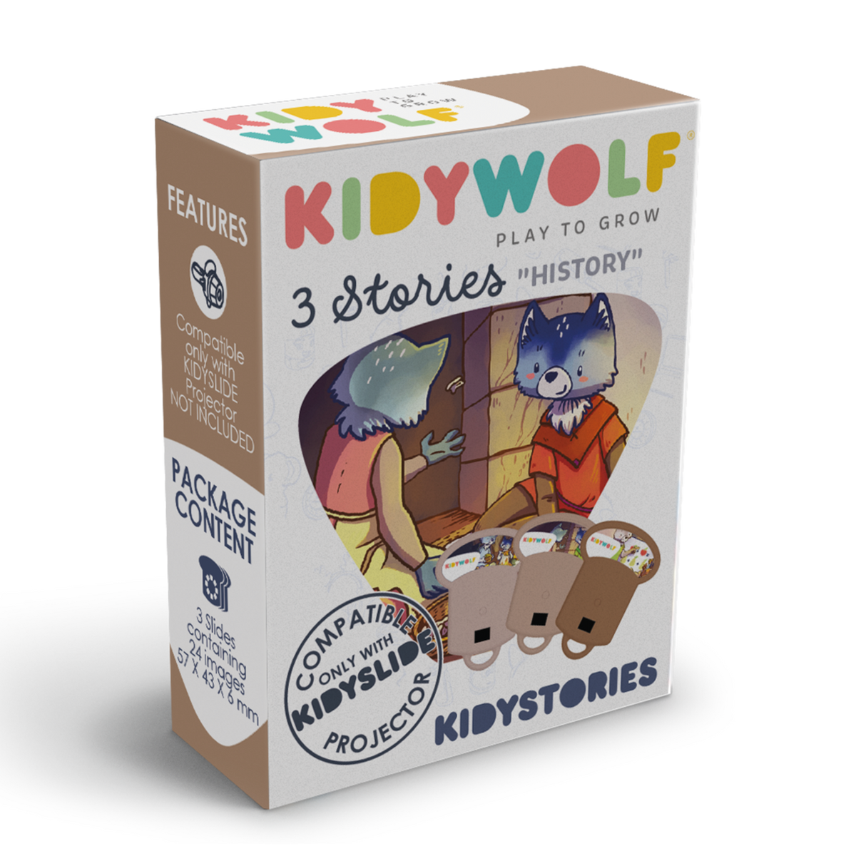 Kidywolf Kidystories History voor Kidyslide, verpakking met 3 verhalen