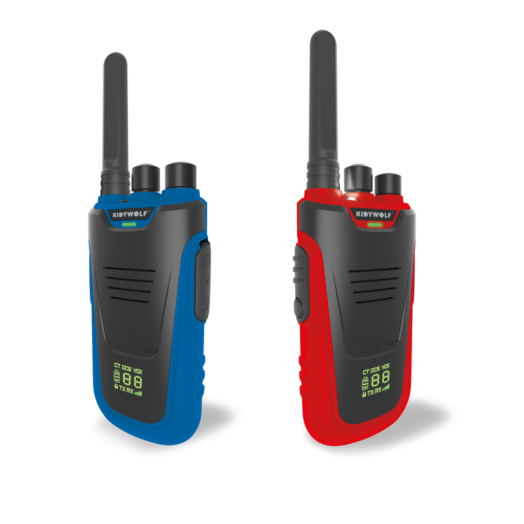 Kidywolf Kidytalk walkie talkie set blauw en rood, vooraanzicht van beide toestellen