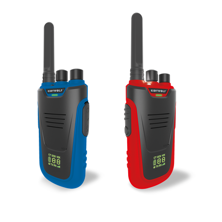 Kidywolf Kidytalk walkie talkie set blauw en rood, vooraanzicht van beide toestellen