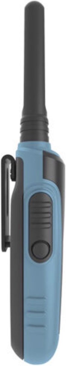 Kidywolf Kidytalk walkie talkie blauw, zijaanzicht met riemclip