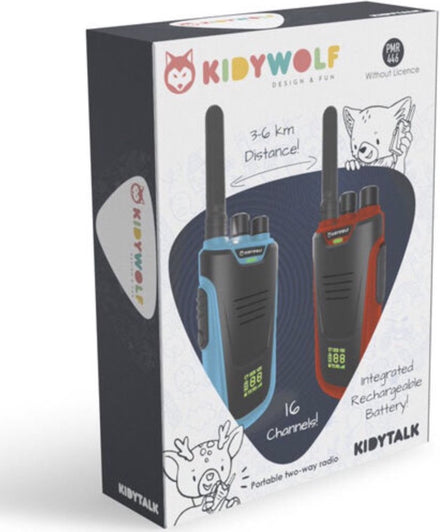 Kidywolf Kidytalk walkie talkie set blauw en rood in de verpakking