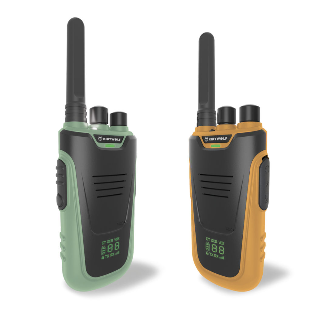 Kidywolf Kidytalk walkie talkie set groen en oranje, vooraanzicht van beide toestellen