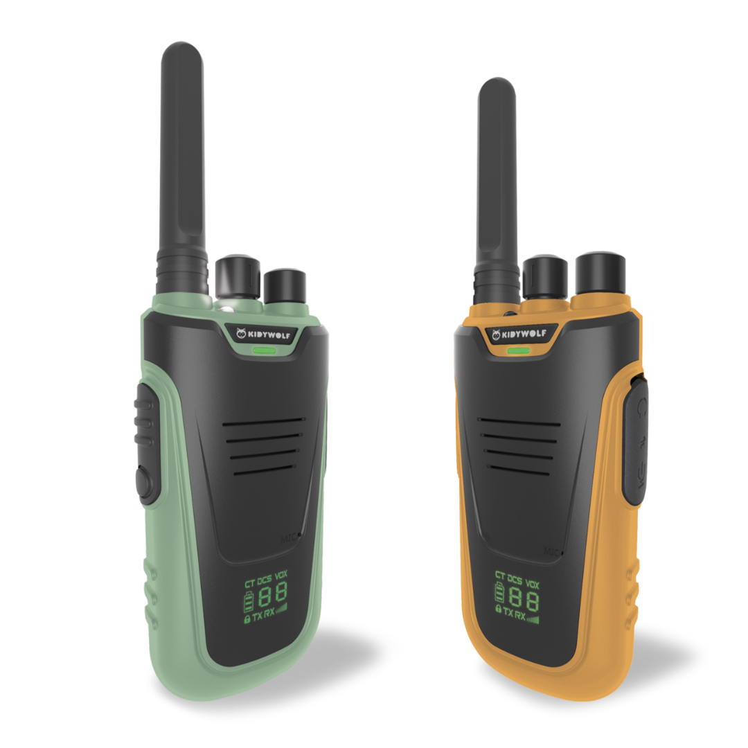 Kidywolf Kidytalk walkie talkie set groen en oranje, vooraanzicht van beide toestellen