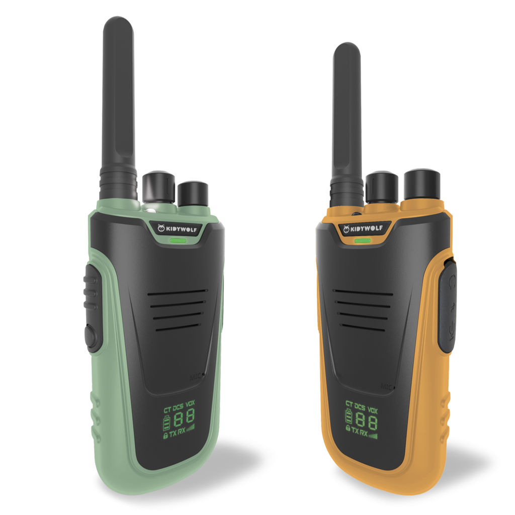 Kidywolf Kidytalk walkie talkie groen en oranje, productfoto op witte achtergrond