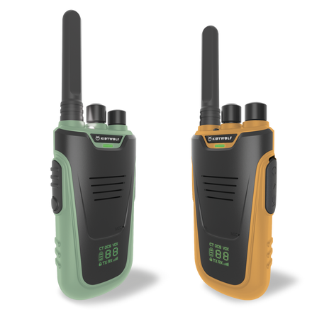 Kidywolf Kidytalk walkie talkie groen en oranje, productfoto op witte achtergrond