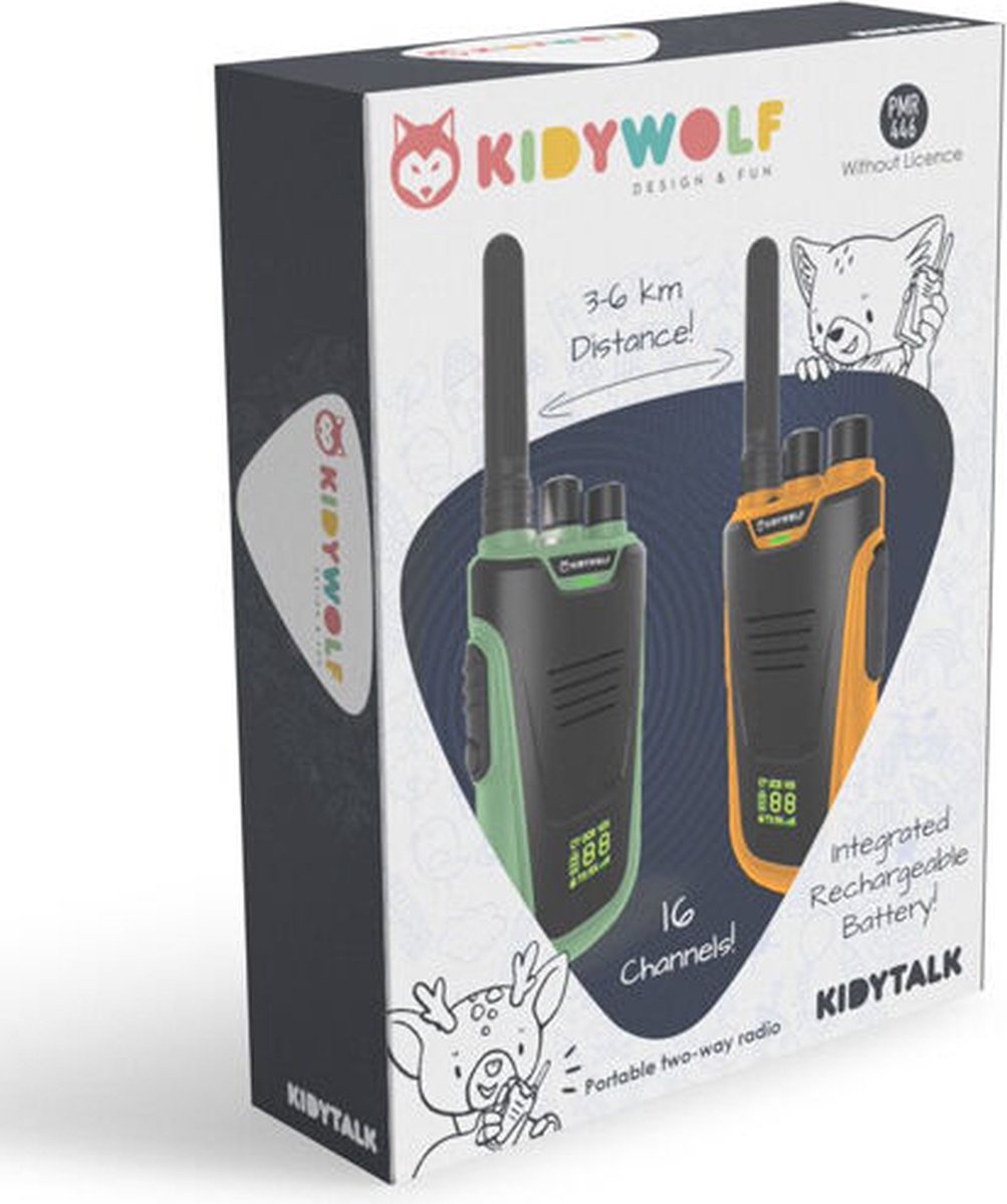 Kidywolf Kidytalk walkie talkie set groen en oranje in de verpakking