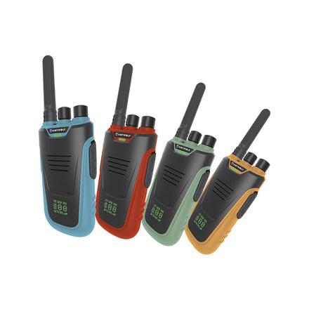 Kidywolf Kidytalk walkie talkies in vier kleuren naast elkaar