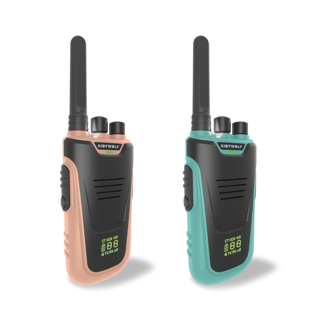 Kidywolf Kidytalk walkie talkie set nude en cyaan, vooraanzicht van beide toestellen