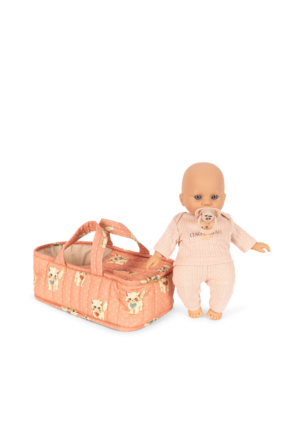 Konges Slojd Cattie babypop met draagmand Ciao Miao Rose