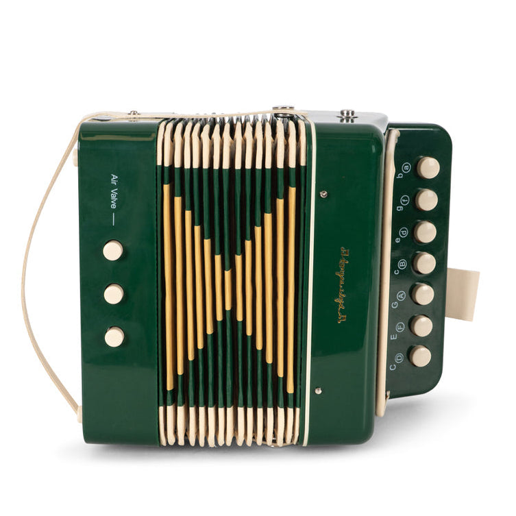 Konges Sløjd Muziekspeelgoed Harmonica Green, groene mondharmonica op witte achtergrond