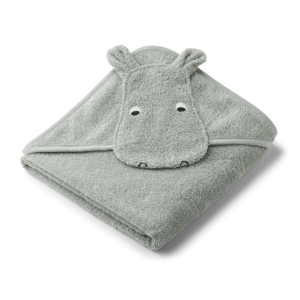Liewood Albert badcape Hippo Dove Blue met nijlpaardkap, opgevouwen