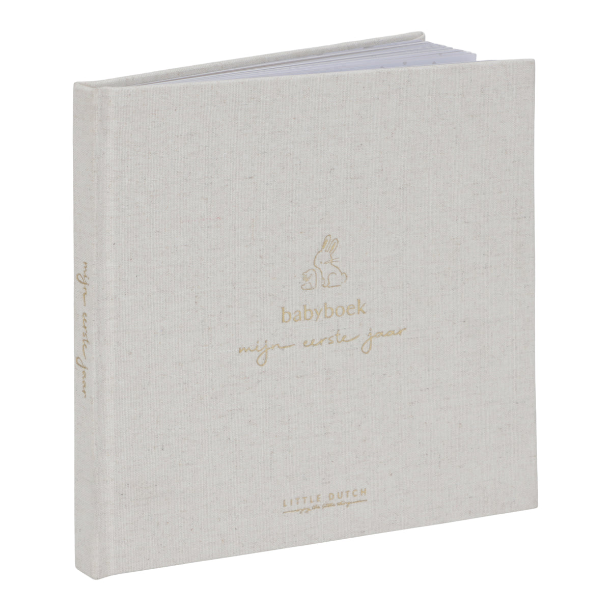 Opengeslagen Little Dutch babyboek Mijn Eerste Jaar met konijntje en leeslint