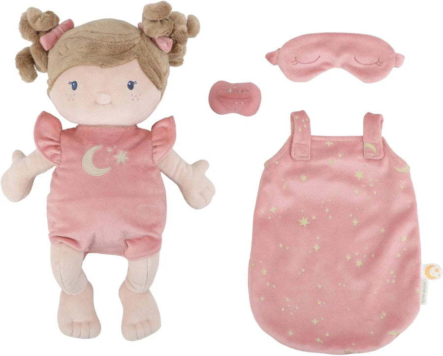 Little Dutch babypop met slaapzak Rosa, pop naast de roze slaapzak