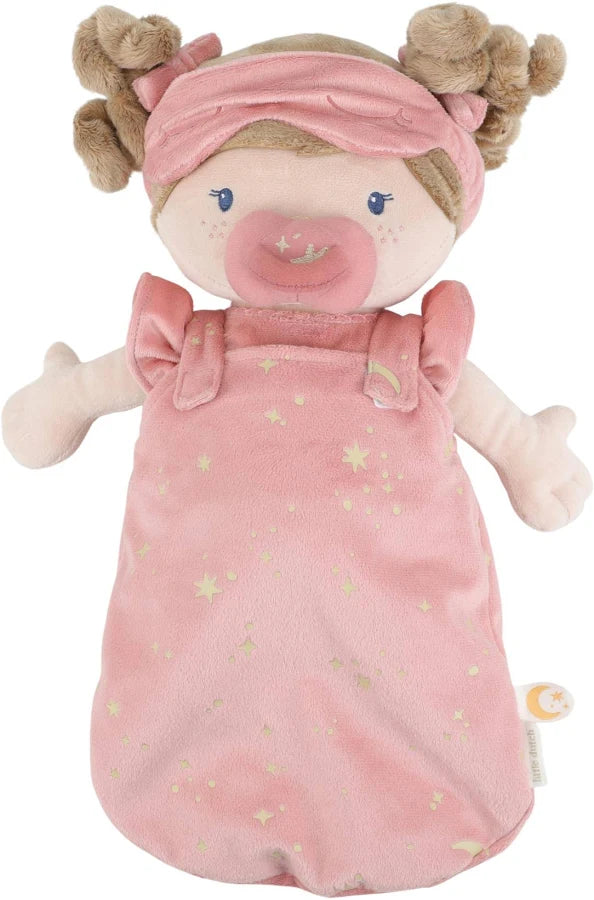 Little Dutch babypop met slaapzak Rosa, pop naast de roze slaapzak