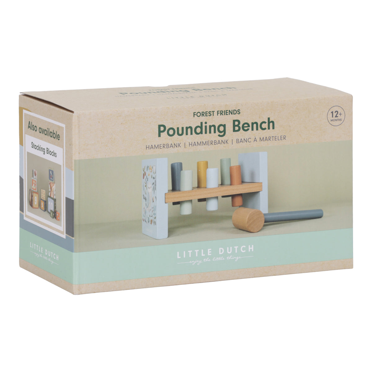 Little Dutch hamerbank Forest Friends, houten bank met hamer zijaanzicht