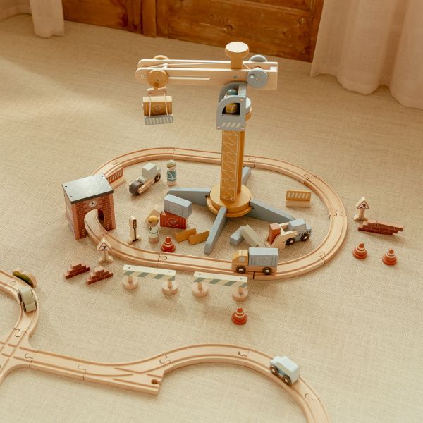 Little Dutch hijskraan met treinbaan, volledige set met rails, kraan en voertuigen