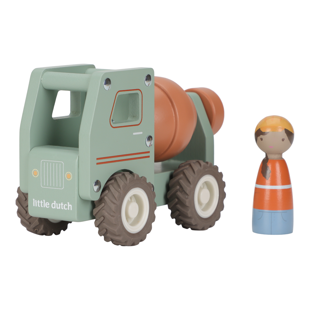Little Dutch houten betonwagen mint met bouwvakkerpopje