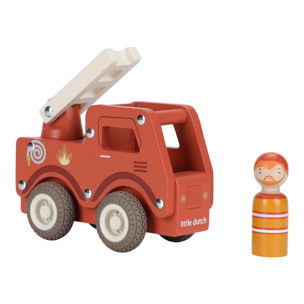 Little Dutch houten brandweerauto rood met ladder en brandweerpopje