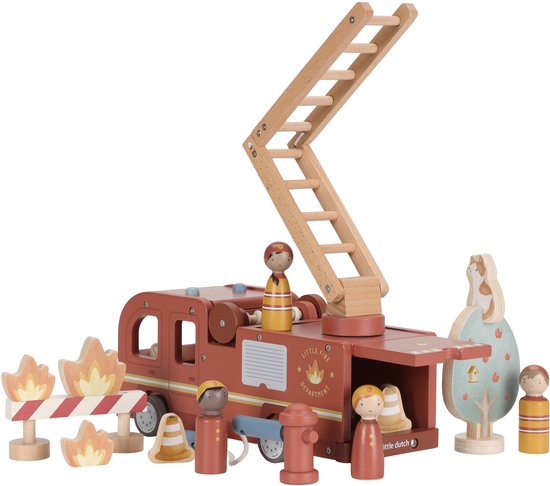 Little Dutch houten brandweerwagen set met popjes, uitgeschoven ladder en popjes