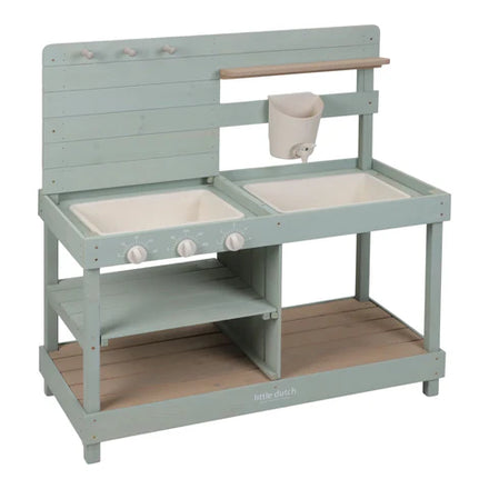Little Dutch houten buitenkeuken mint, vooraanzicht met twee wasbakken en kraan