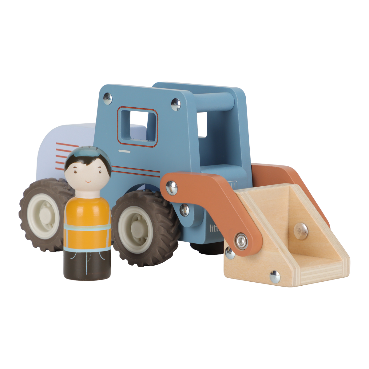 Little Dutch houten bulldozer blauw met schuifbak en bouwvakkerpopje