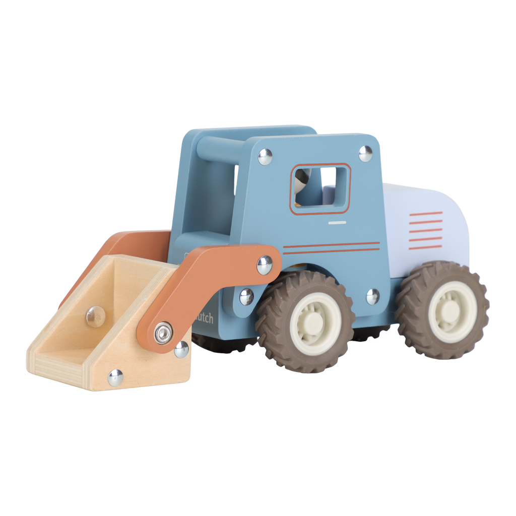 Little Dutch houten bulldozer blauw, zijaanzicht met opgeheven schuifbak