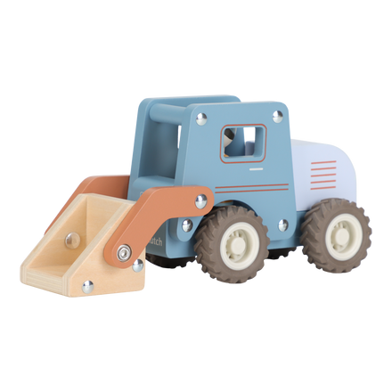 Little Dutch houten bulldozer blauw, zijaanzicht met opgeheven schuifbak