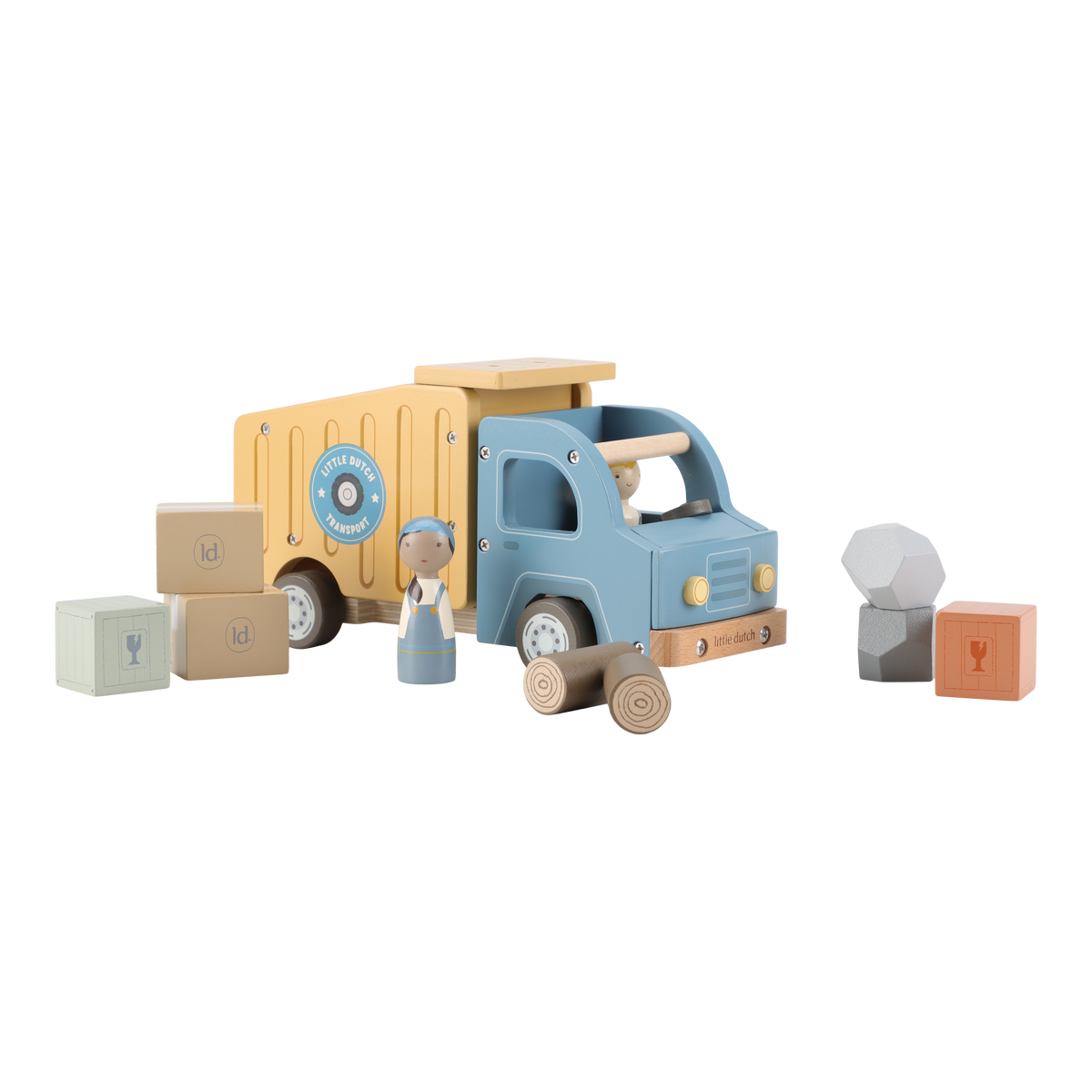 Little Dutch houten kiepwagen, blauwe truck met chauffeurs, boomstammen, stenen en kratje
