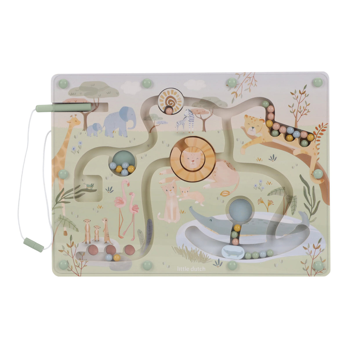 Little Dutch houten magnetisch doolhof Safari Friends, bord met safaridieren en magneetpen
