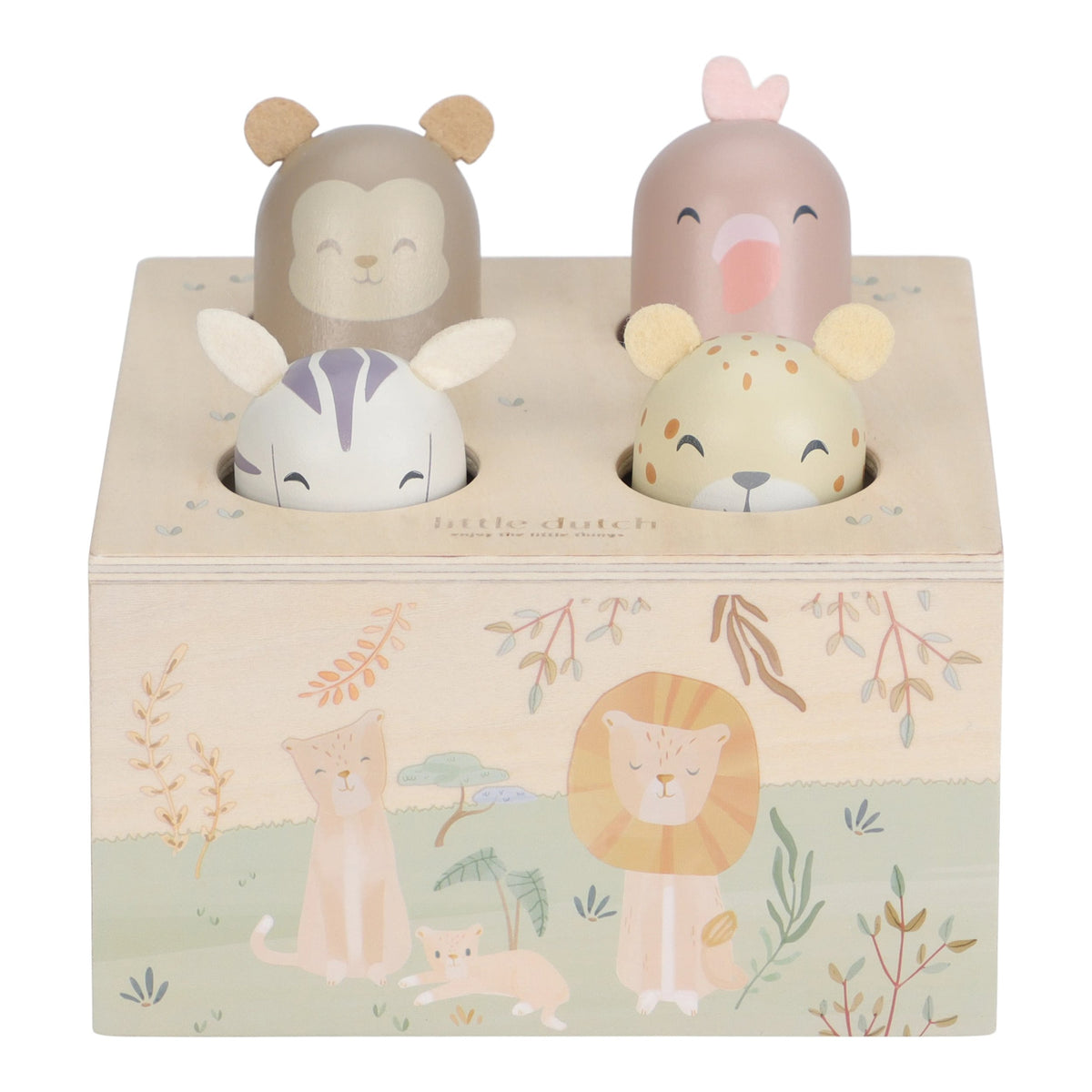 Little Dutch houten pop-up spel Safari Friends met vier safaridiertjes op het kistje