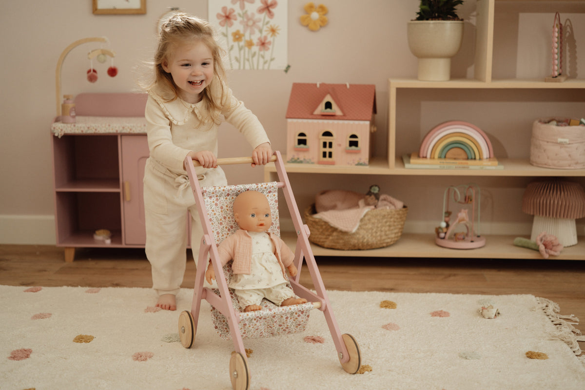 Little Dutch houten poppenbuggy roze met zitje in Soft Flowers-bloemenprint