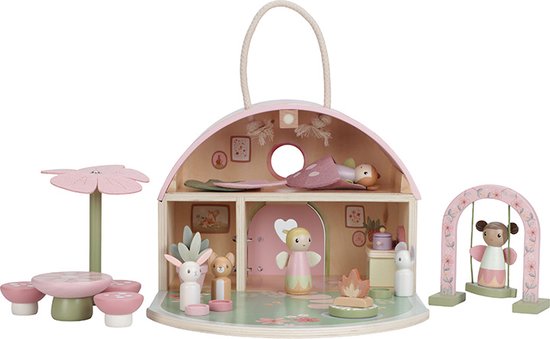 Little Dutch houten feeënhuisje Fairy Garden, opengeklapt met paddenstoeltafel ervoor