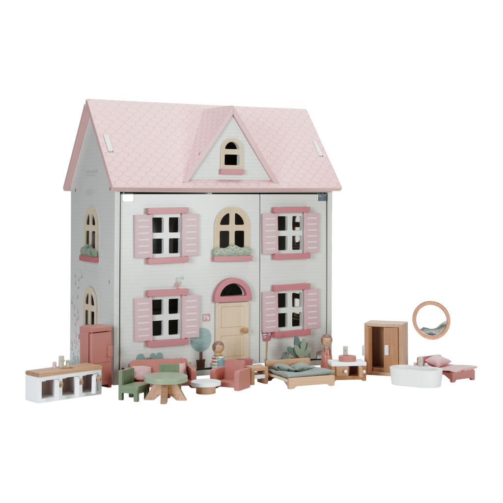 Little Dutch houten poppenhuis medium roze met meubeltjes ervoor