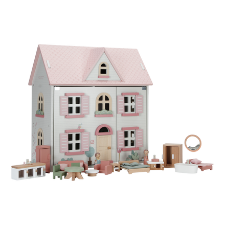 Little Dutch houten poppenhuis medium roze met meubeltjes ervoor
