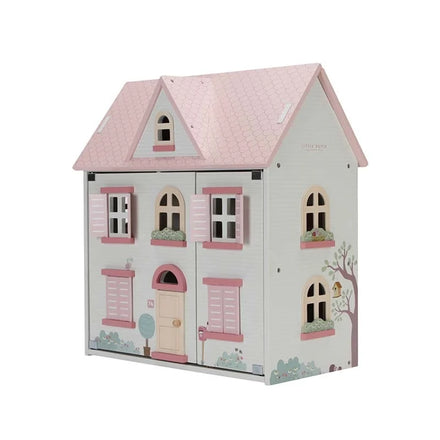Little Dutch houten poppenhuis medium roze, gesloten schuin vooraanzicht