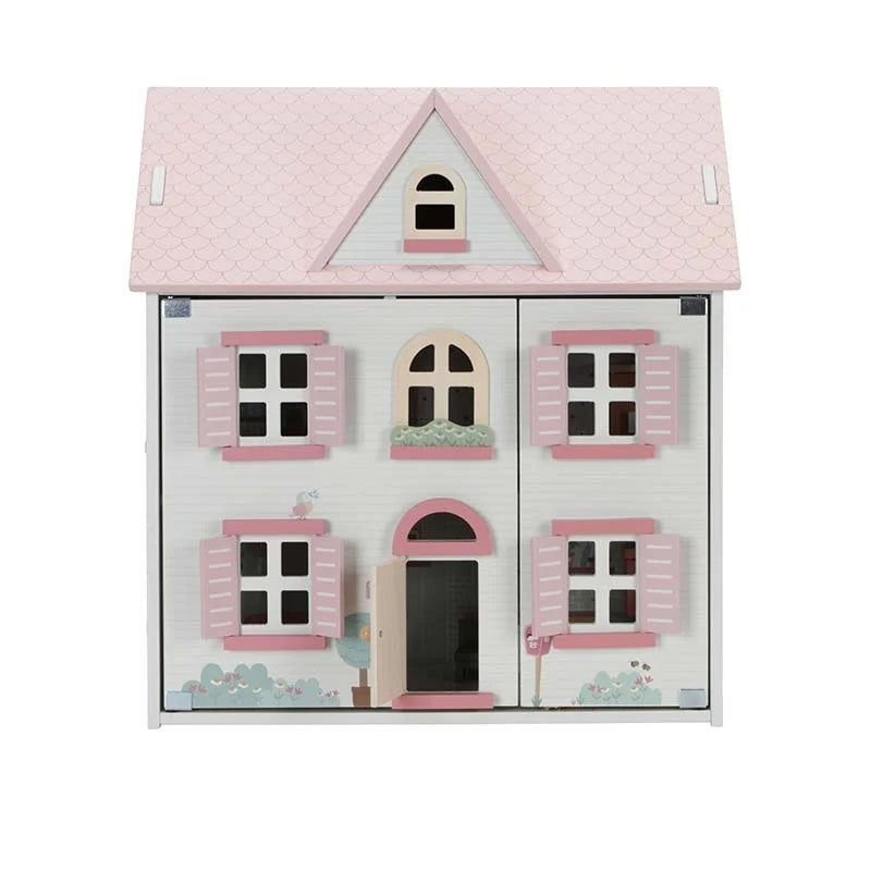 Little Dutch houten poppenhuis medium roze, gesloten vooraanzicht