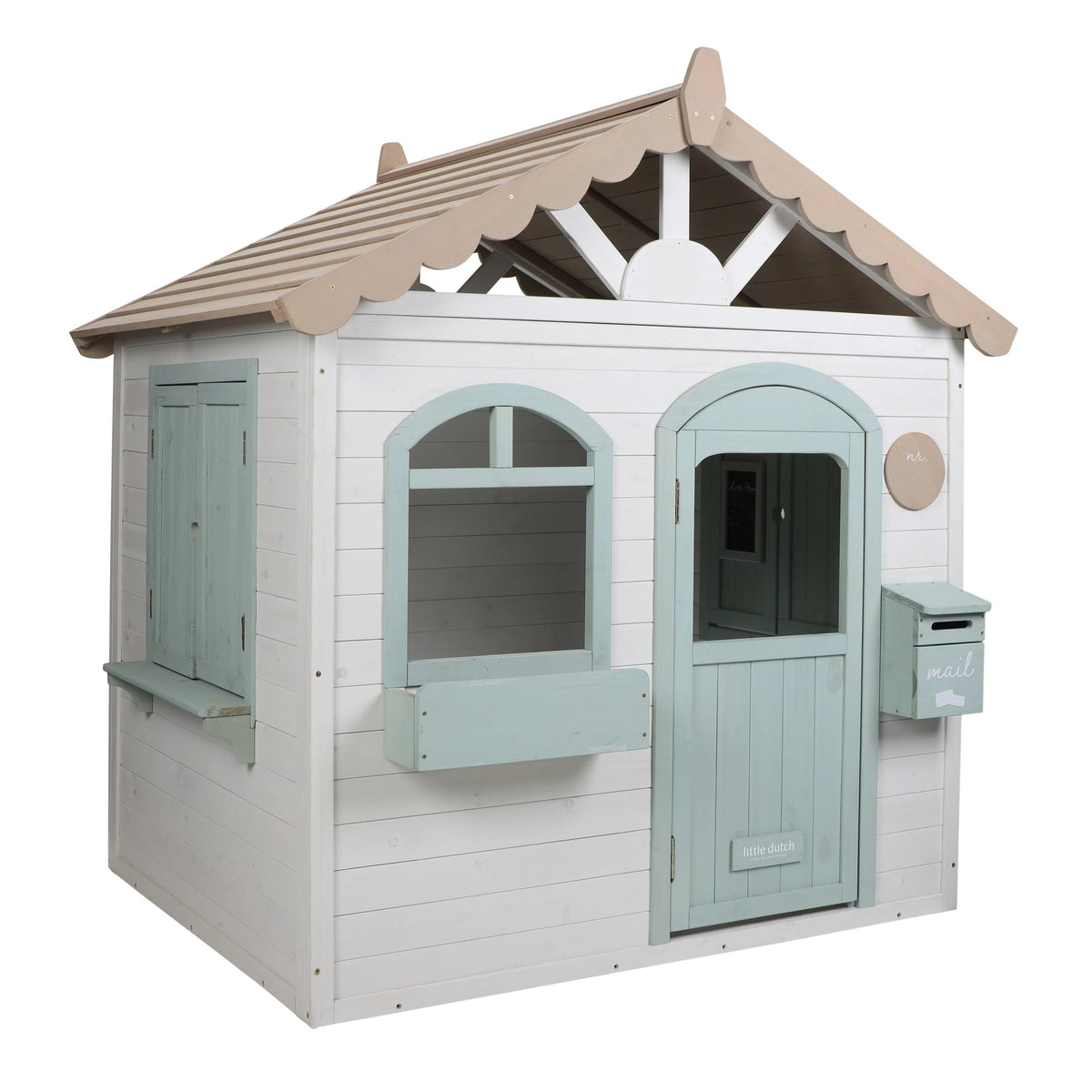 Little Dutch houten speelhuisje in de tuin, vooraanzicht met deur en raampjes