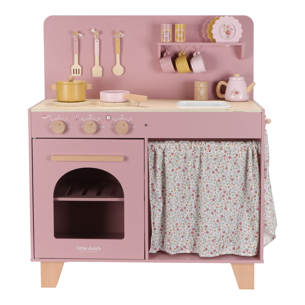 Little Dutch houten speelkeuken roze met oven en gordijntje