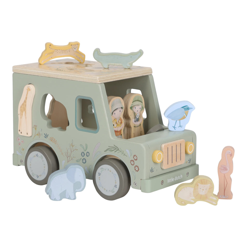 Little Dutch Houten Vormenstoof Safari Auto Safari Friends, vooraanzicht met dierenblokjes