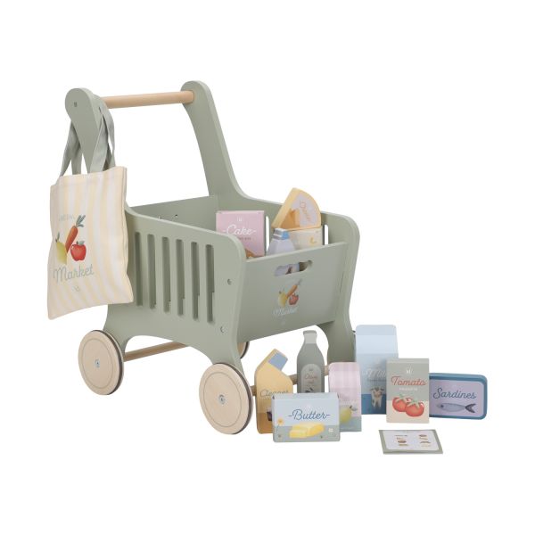 Little Dutch houten winkelwagen mint met shopper en boodschappen ernaast