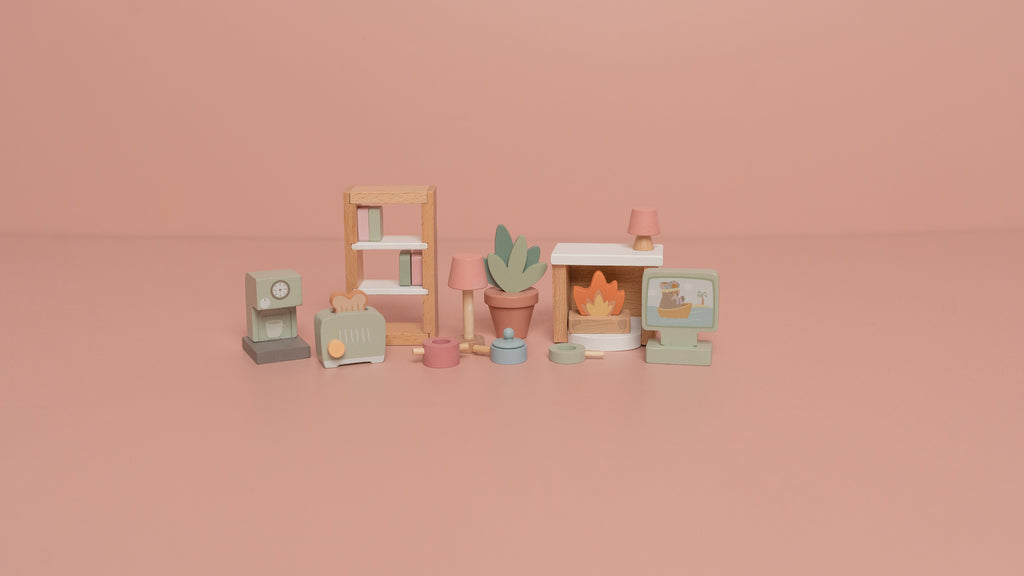 Little Dutch poppenhuis speelset meubels, meubeltjes op roze achtergrond