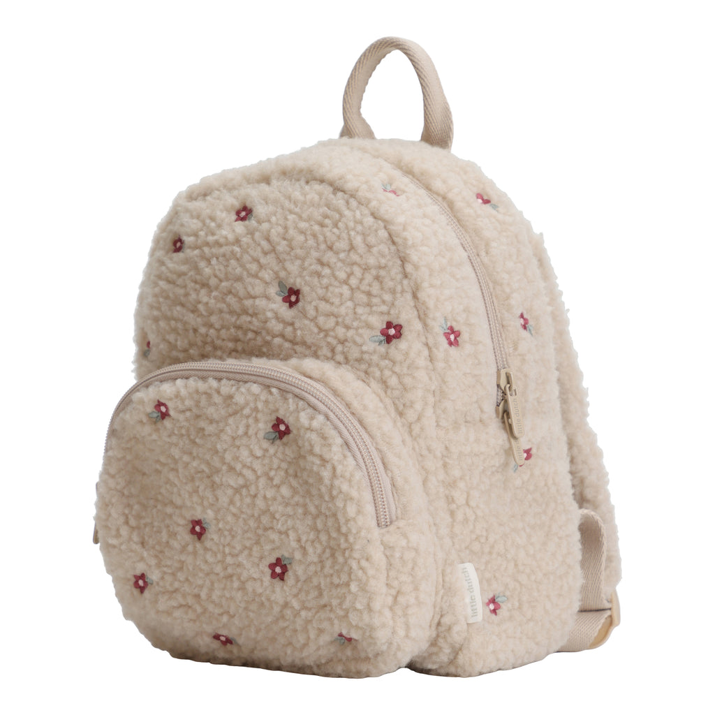 Little Dutch rugzakje Teddy zandkleur met geborduurde hartjes, vooraanzicht