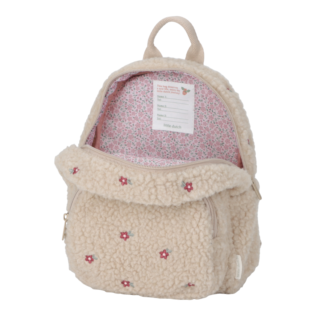 Little Dutch rugzakje Teddy zandkleur, open met roze voering