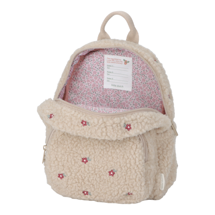 Little Dutch rugzakje Teddy zandkleur, open met roze voering